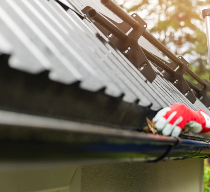 removing dried leaves in a gutter